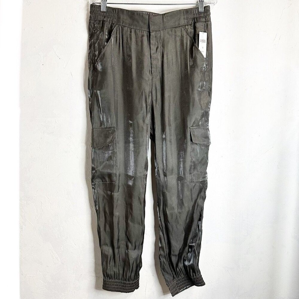 Anthropologie Shimmer Satin Cargo Jogger Pants Women's Green Medium NEW Comfort
